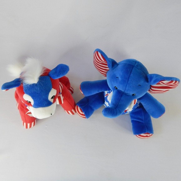 Set 2 Vtg Patriotic Election Mascots Elephant Donkey Plush Stars Stripe Red Blue - Picture 8 of 13
